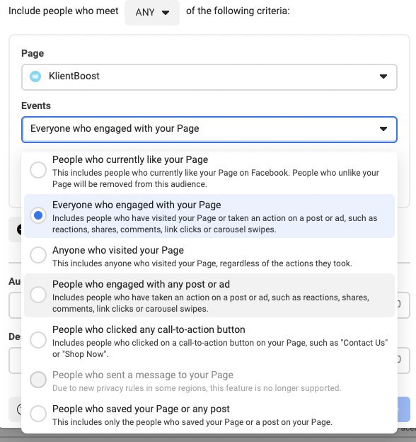 Options for Facebook Page Engagement targeting using Facebook Custom Audience