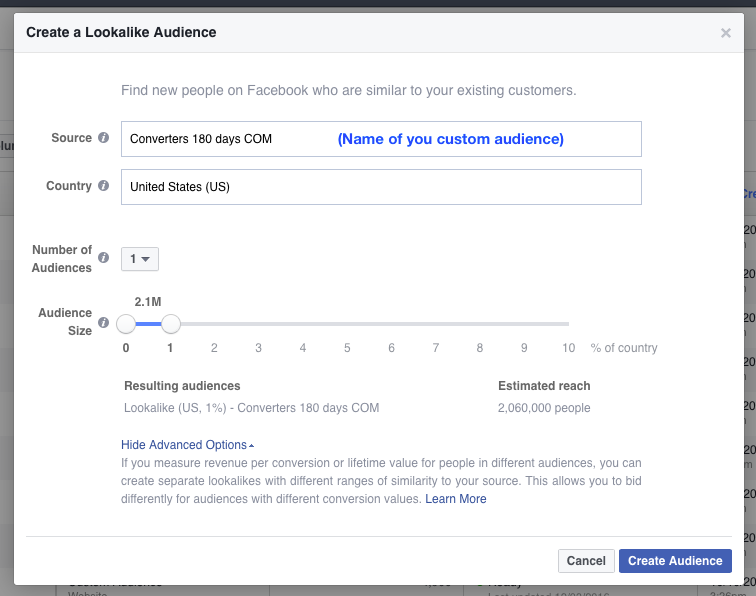 How to choose the audience size of a lookalike audience on Facebook