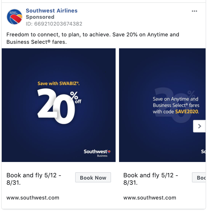 Southwest Airlines Book Now CTA