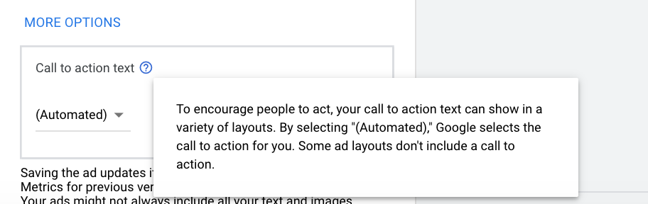 Google Display Network call-to-action options