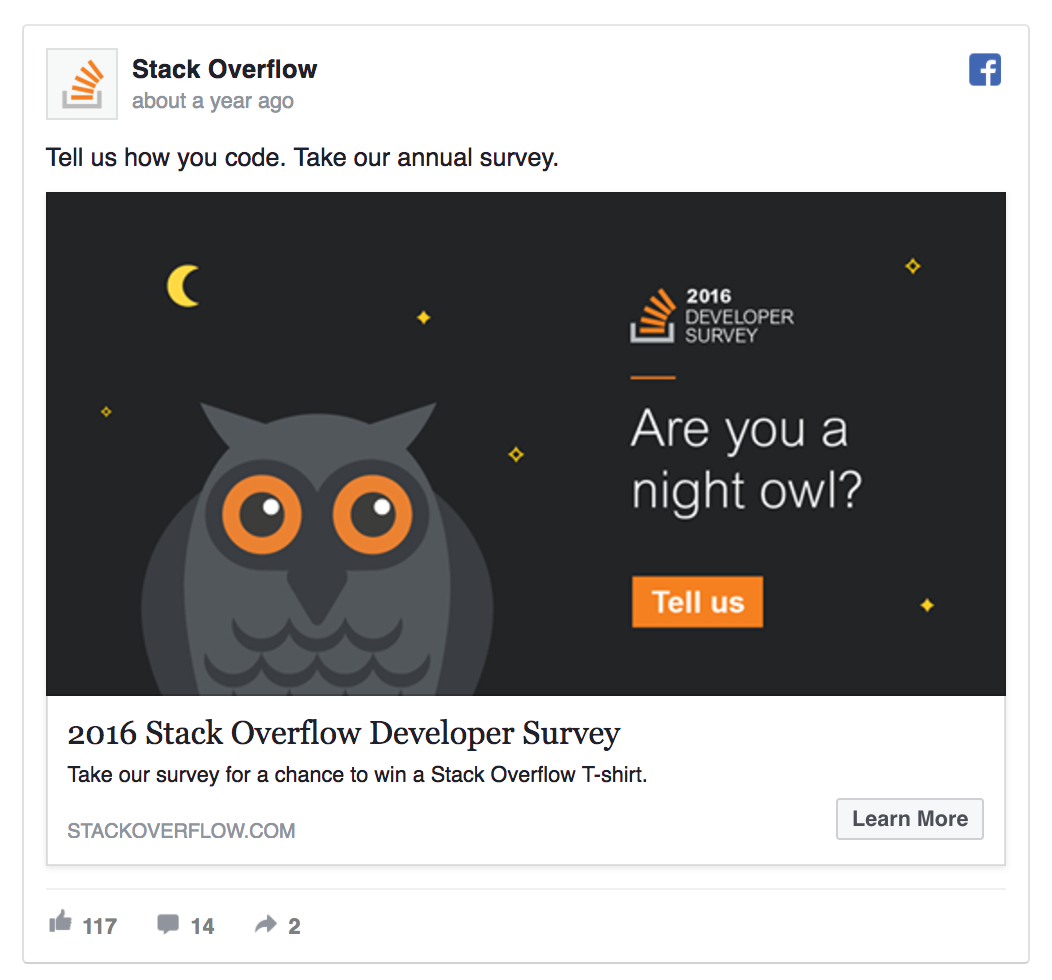 Stack Overflow’s ad invites people to participate in a survey