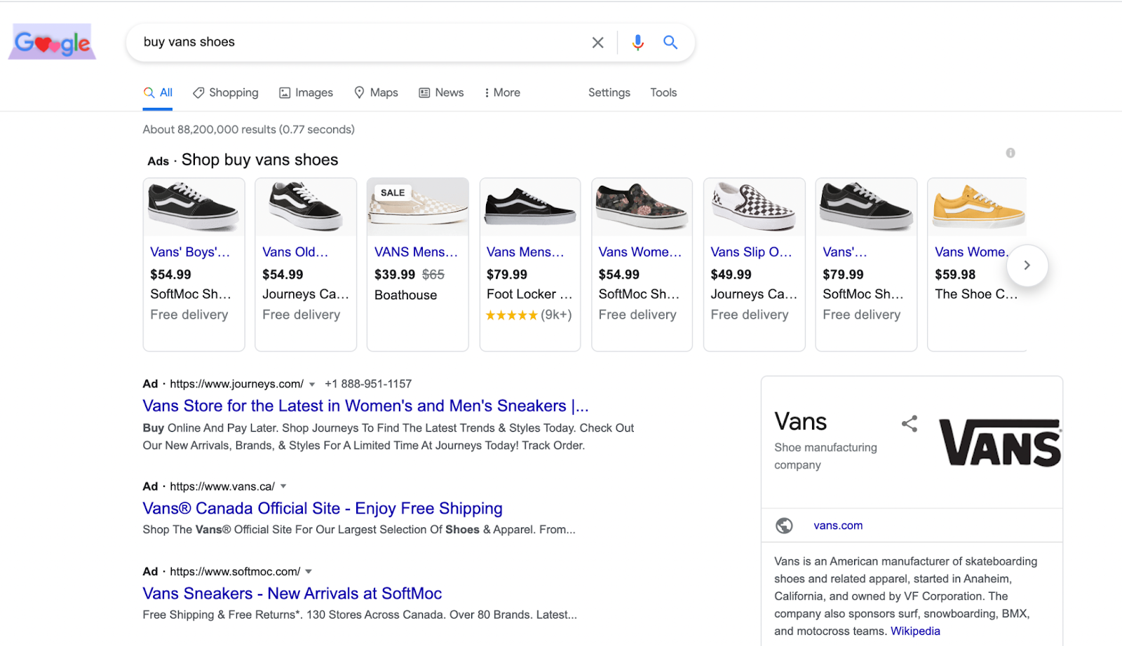 Google Shopping Ads at the top of Google Search Engine Results Page (SERP)