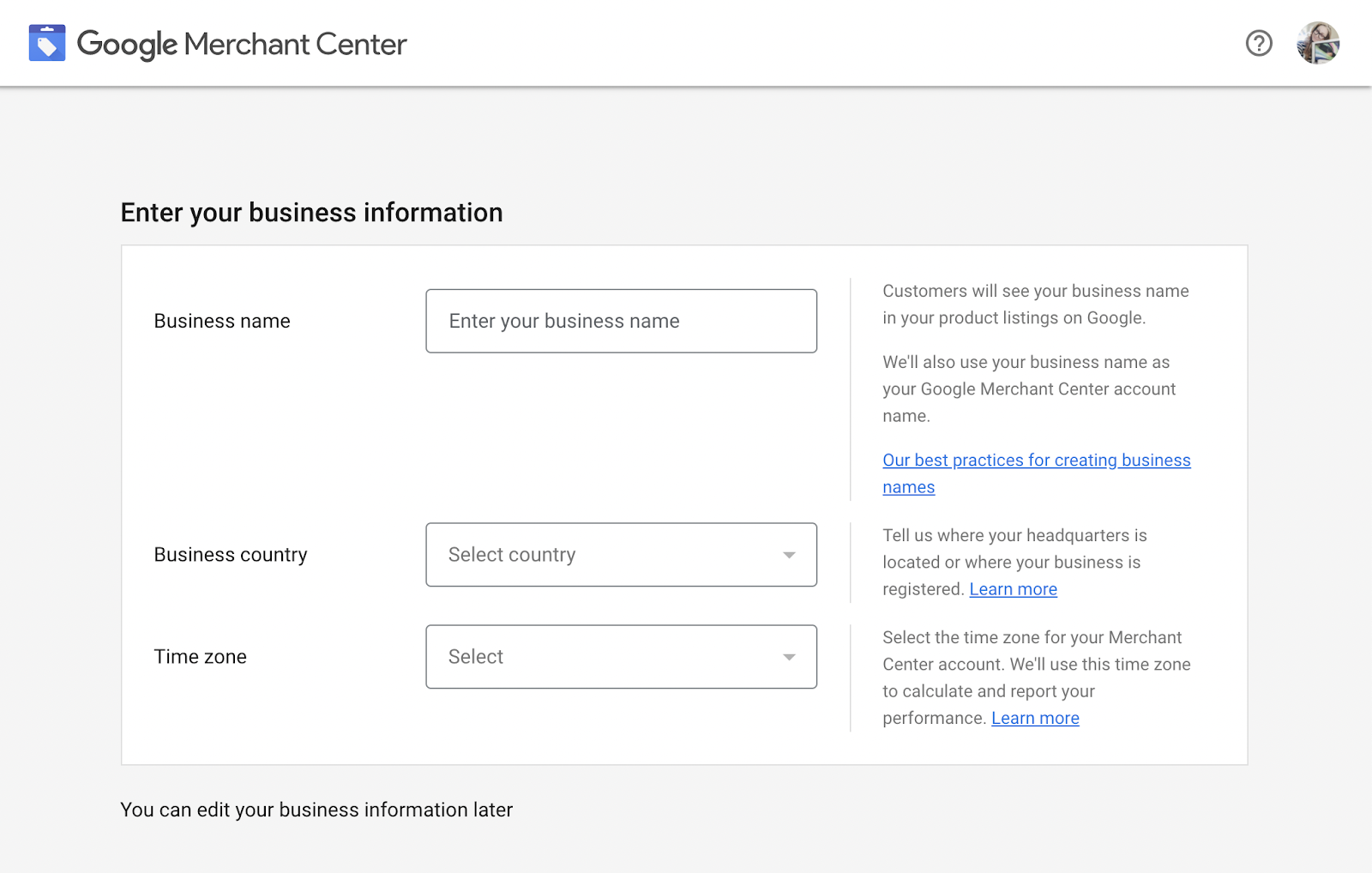 Enter your business name, country, and time zone to get started with GMC