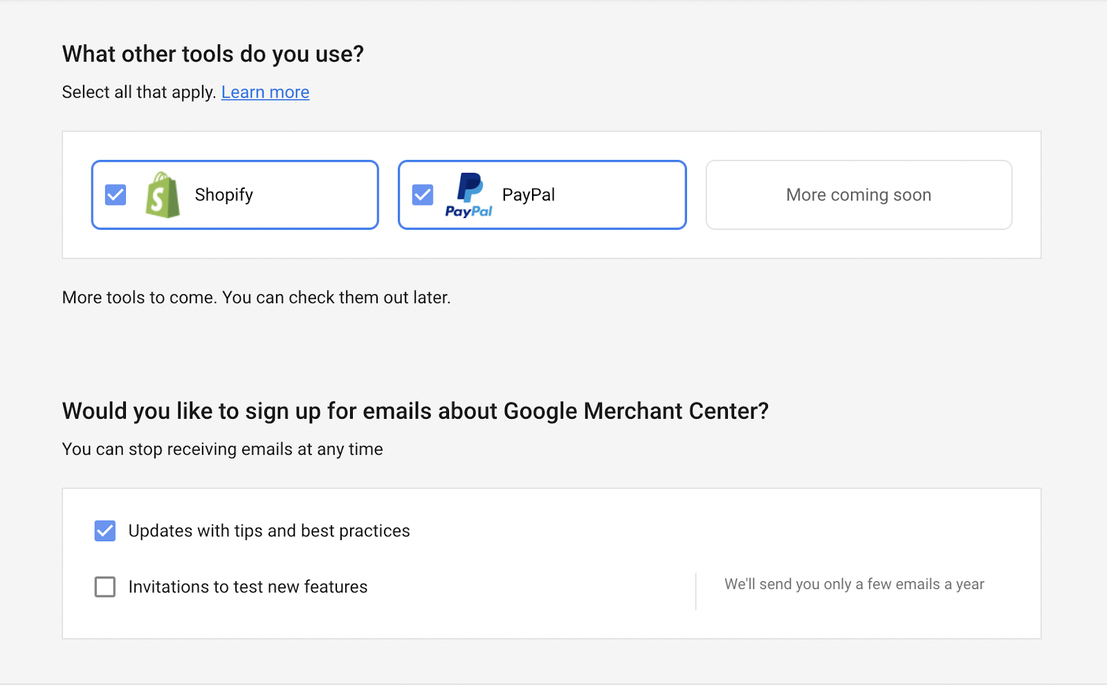 Select your tools and your Google Merchant Center email preferences 