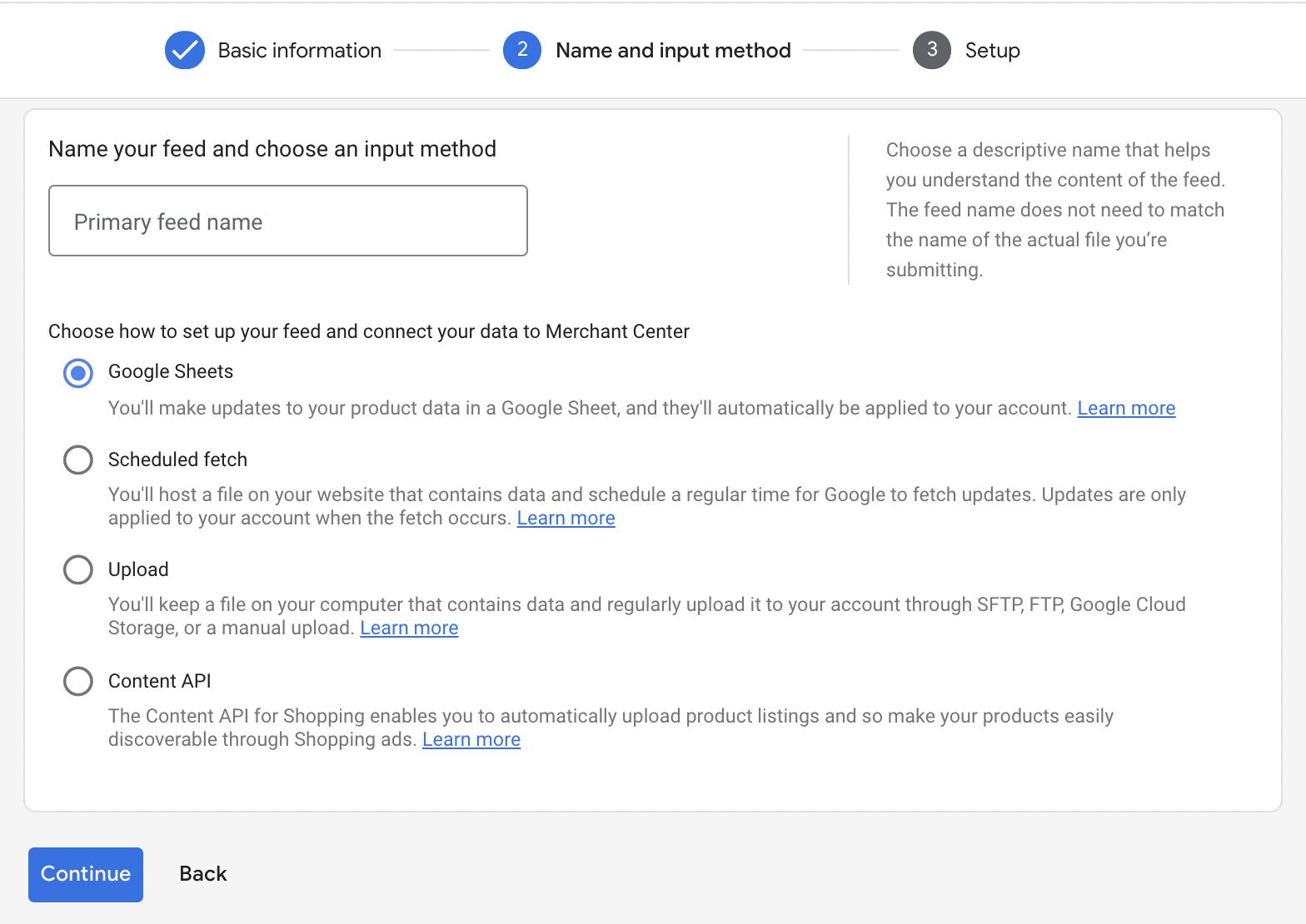 Name your feed and select Google Sheets.