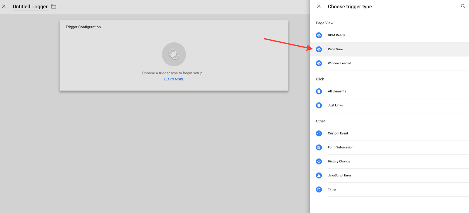 Choose the Page View trigger type.