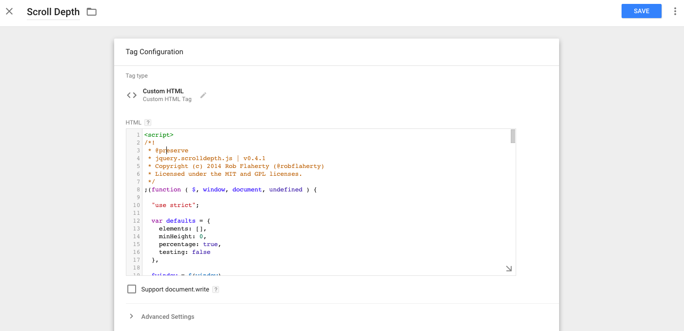 Add the code you see in the scrolldepth.js file to the HTML notepad in GTM.