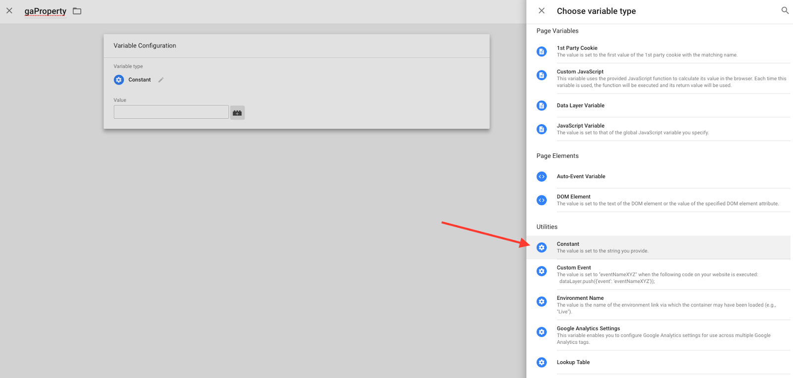 You’ll choose the Constant Variable Type under Utilities.