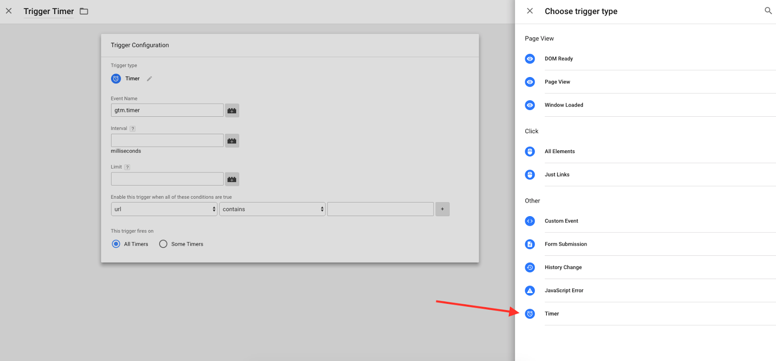 Create a new trigger and choose Timer under the Other category in Trigger Types.