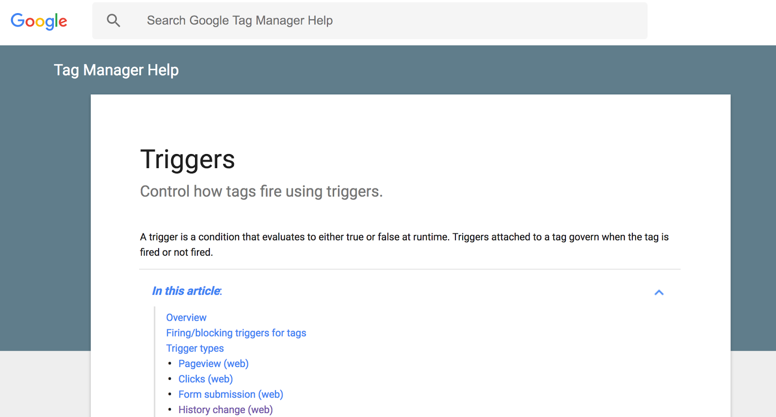 The Tag Manager Help page