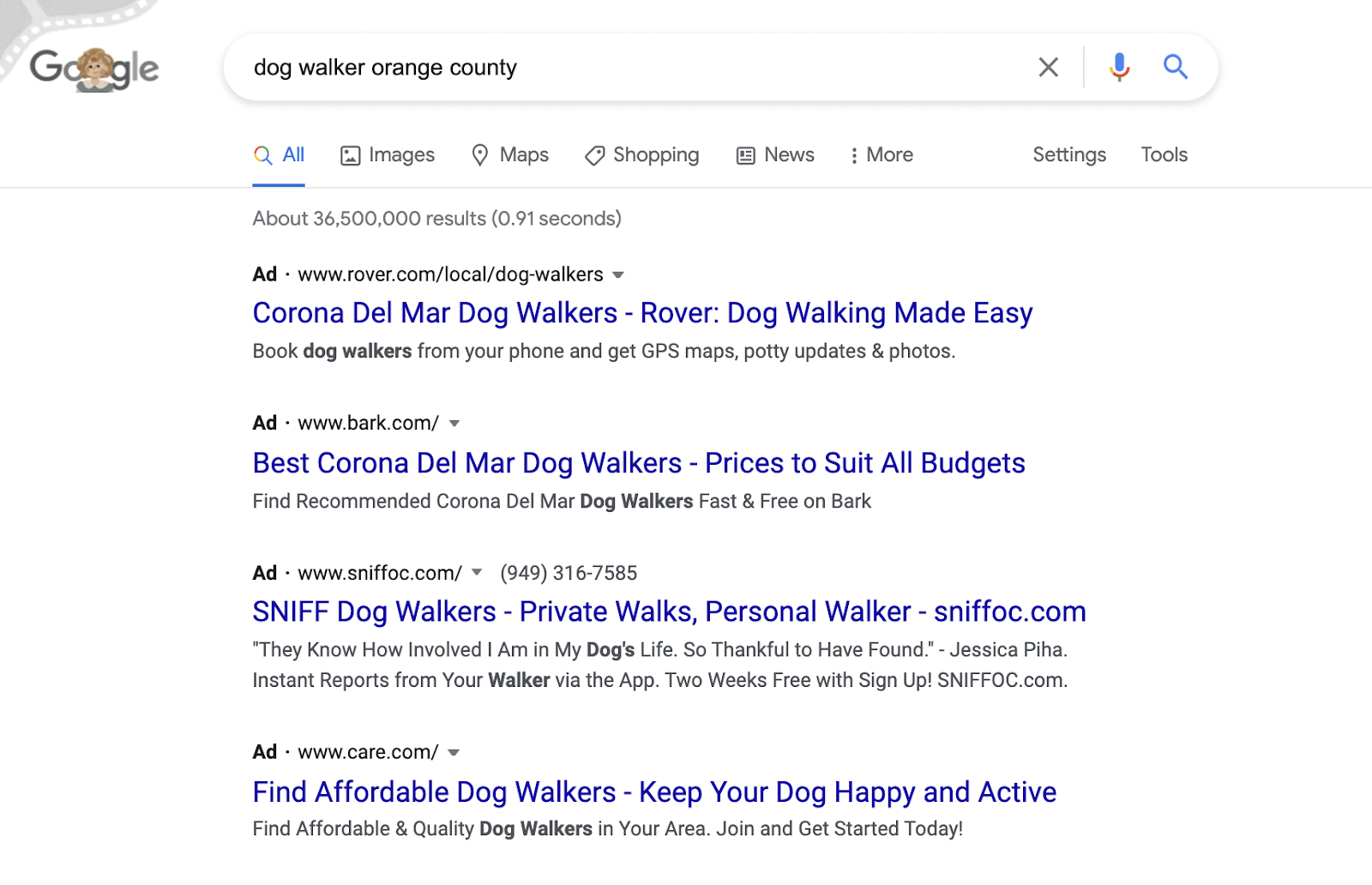 A good top of funnel ad copy example for dog walker PPC ads.