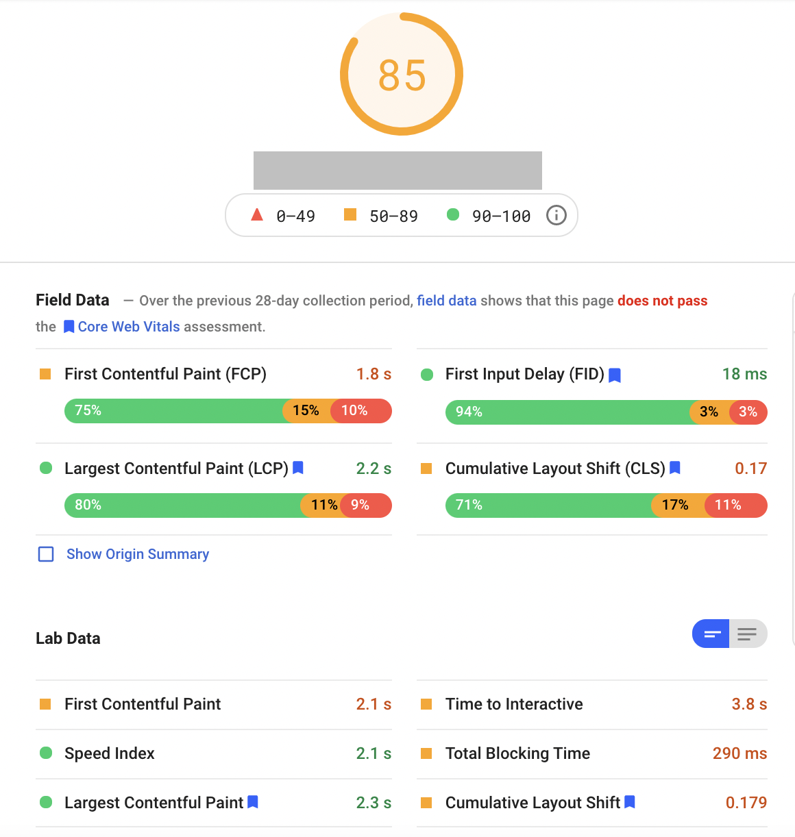 Example of PageSpeed Insights