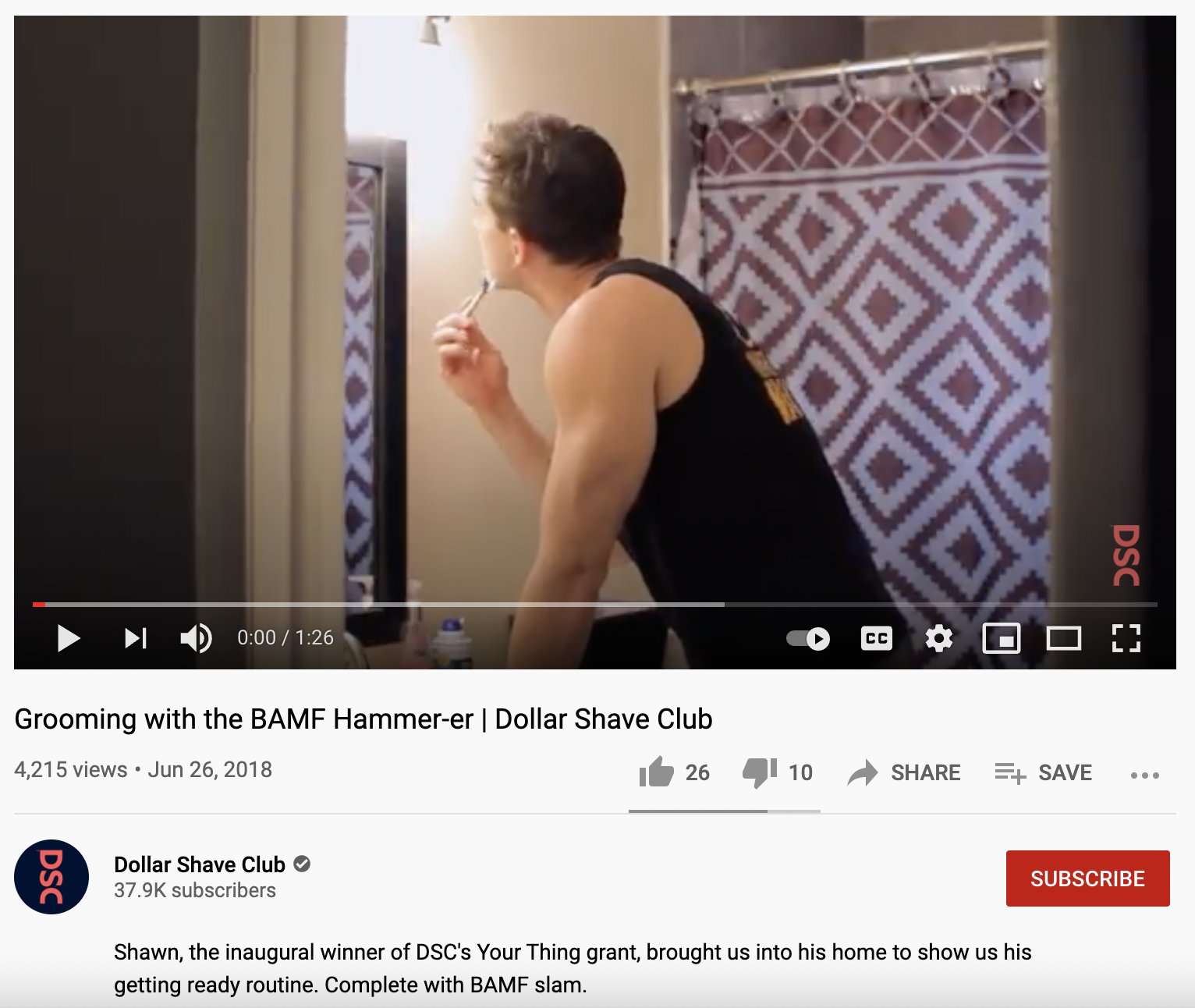 Some UGC of a customer using his razor from Dollar Shave Club during his morning routine 