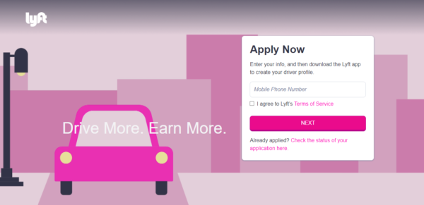 Lyft landing page: The image is a simple car with the words “Drive more. Earn more.”