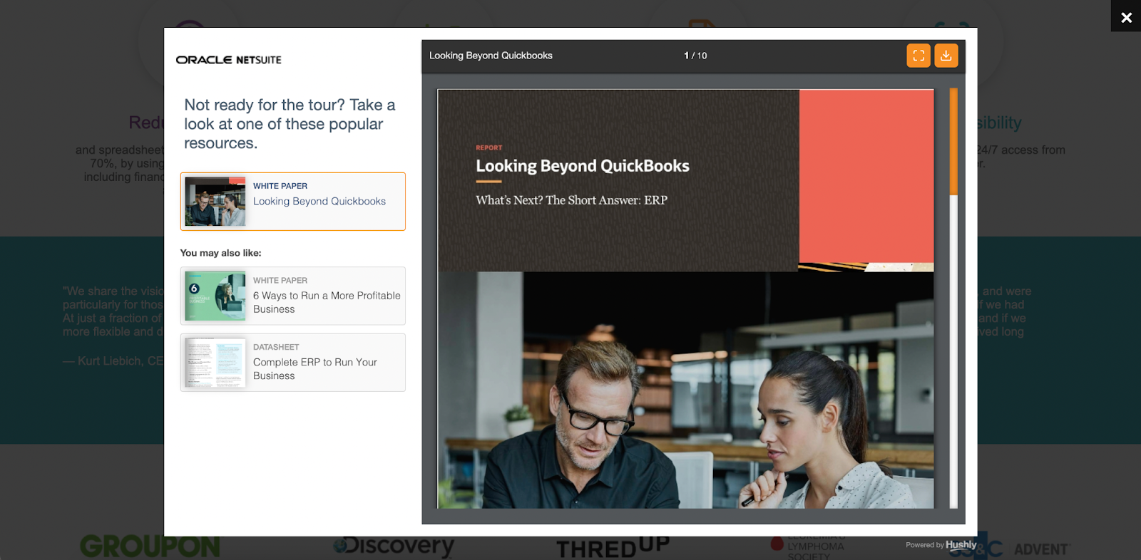 B2B landing pages - netsuite's popup