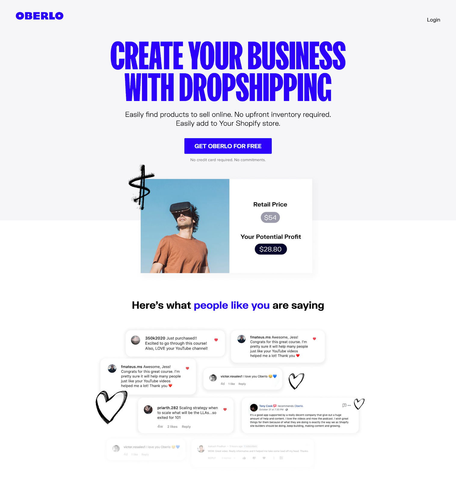 B2B landing pages - oberlo landing page