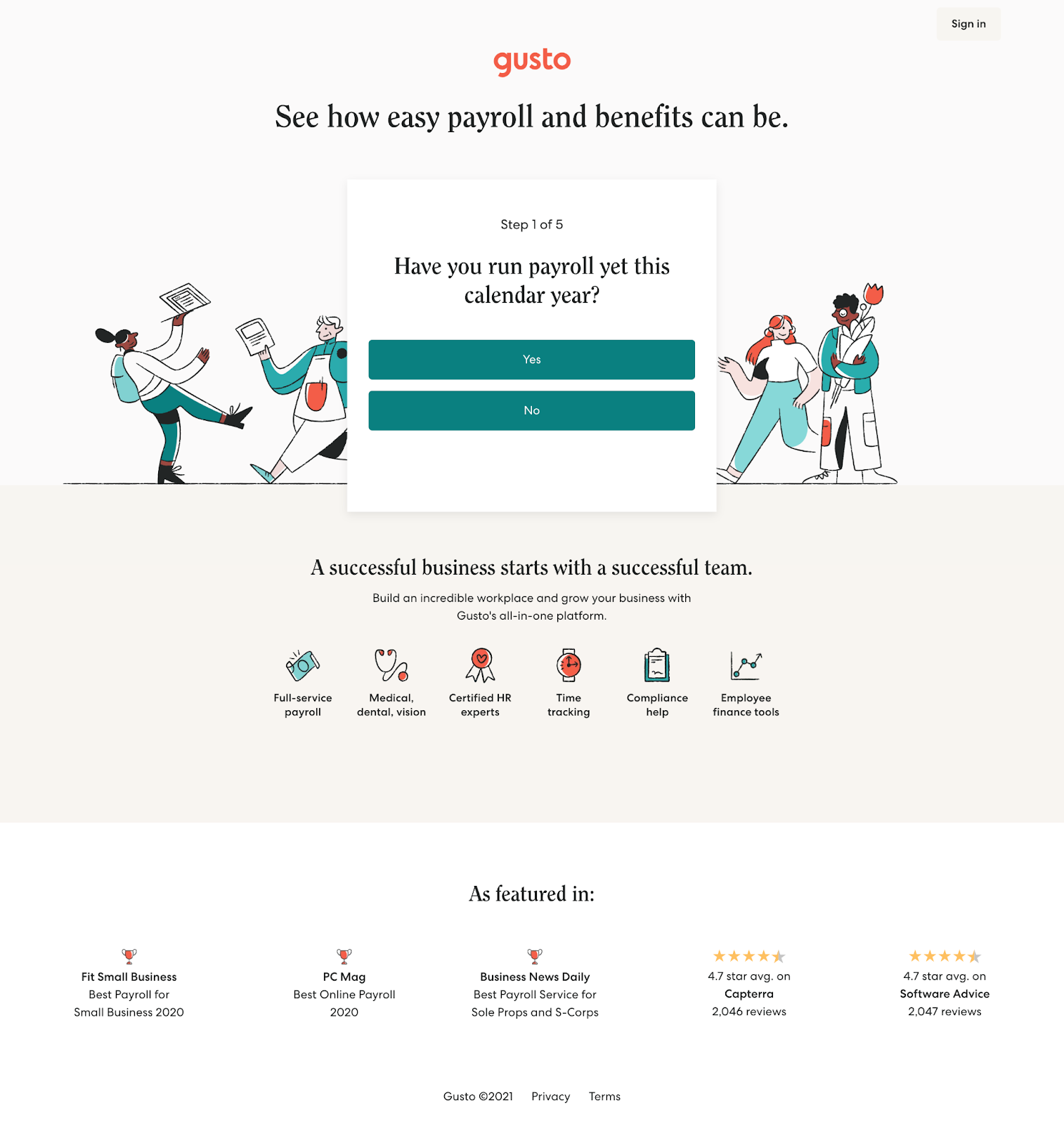 B2B landing pages - gusto landing page