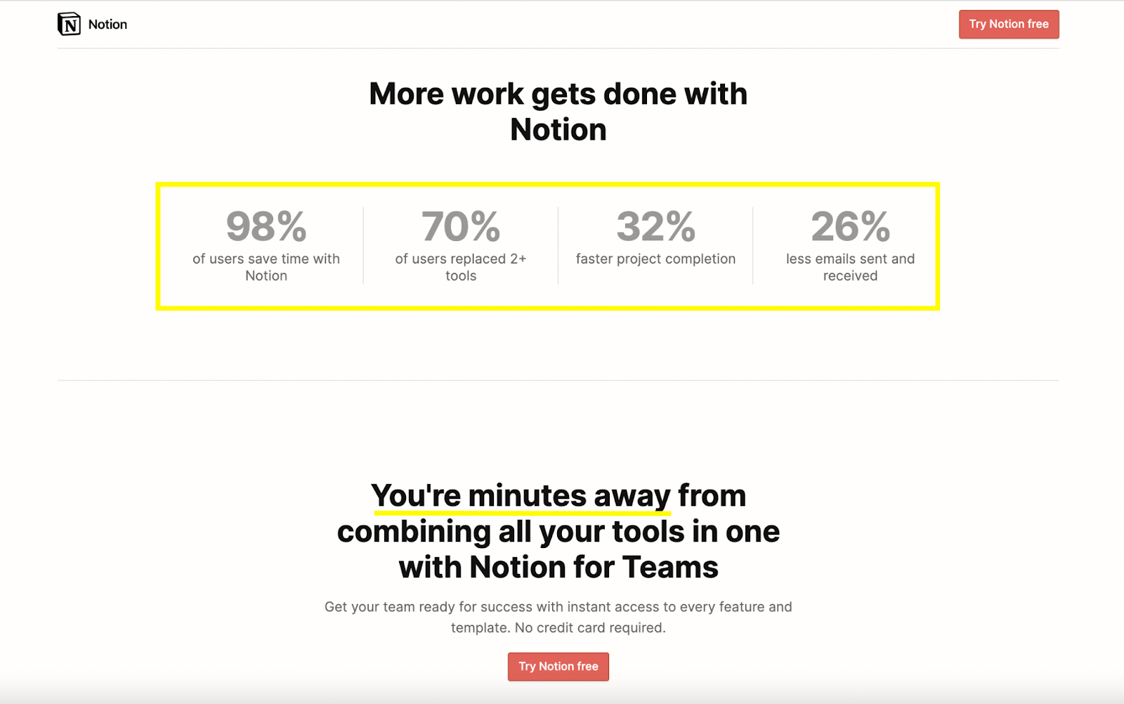 B2B landing pages - notion uses numbers