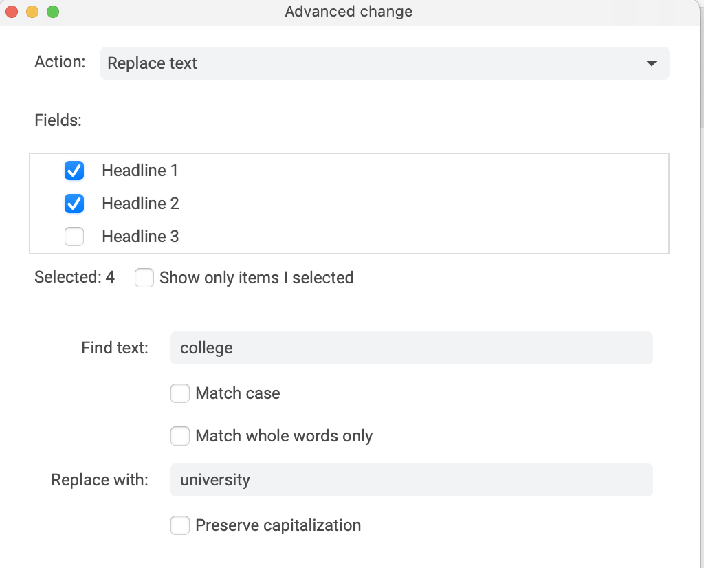 Replace text: Select both headlines, the description, and the path. Change.