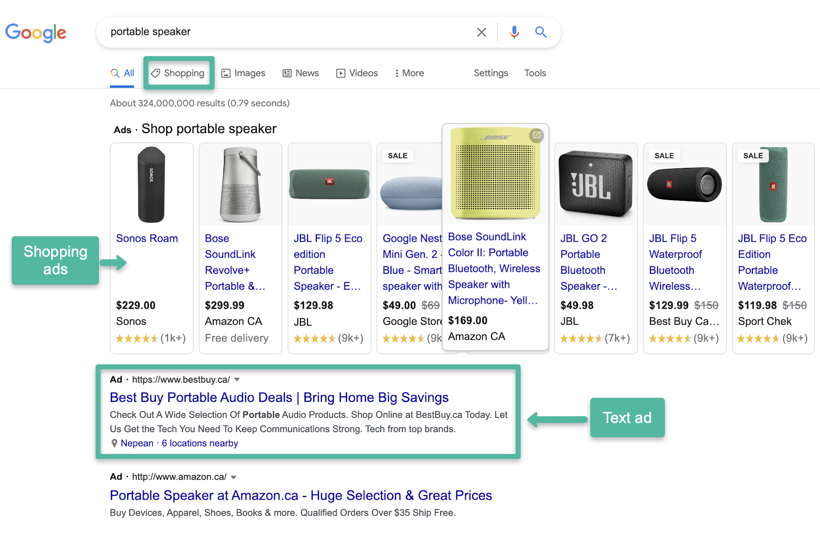 Shopping Ads appear in a carousel at the top. Text ads appear at the top of organic results