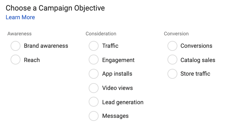 All the different Campaign Objectives an advertiser can bid on