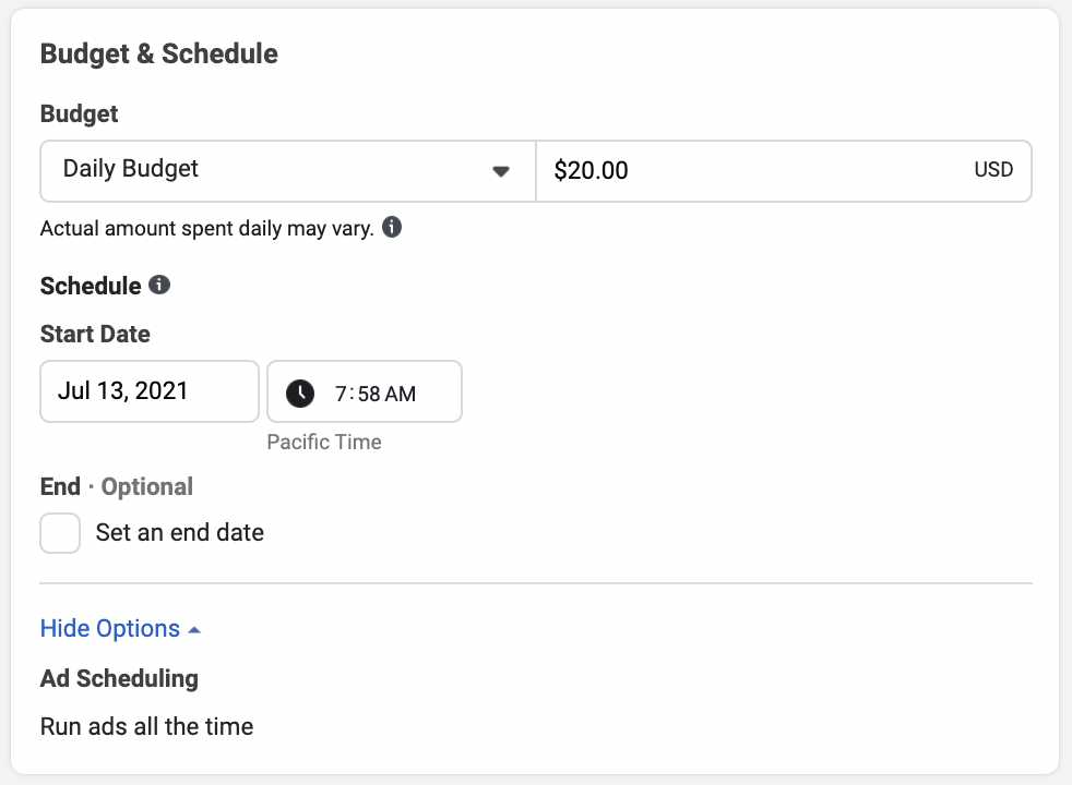 Customize your ad budget & schedule on Facebook