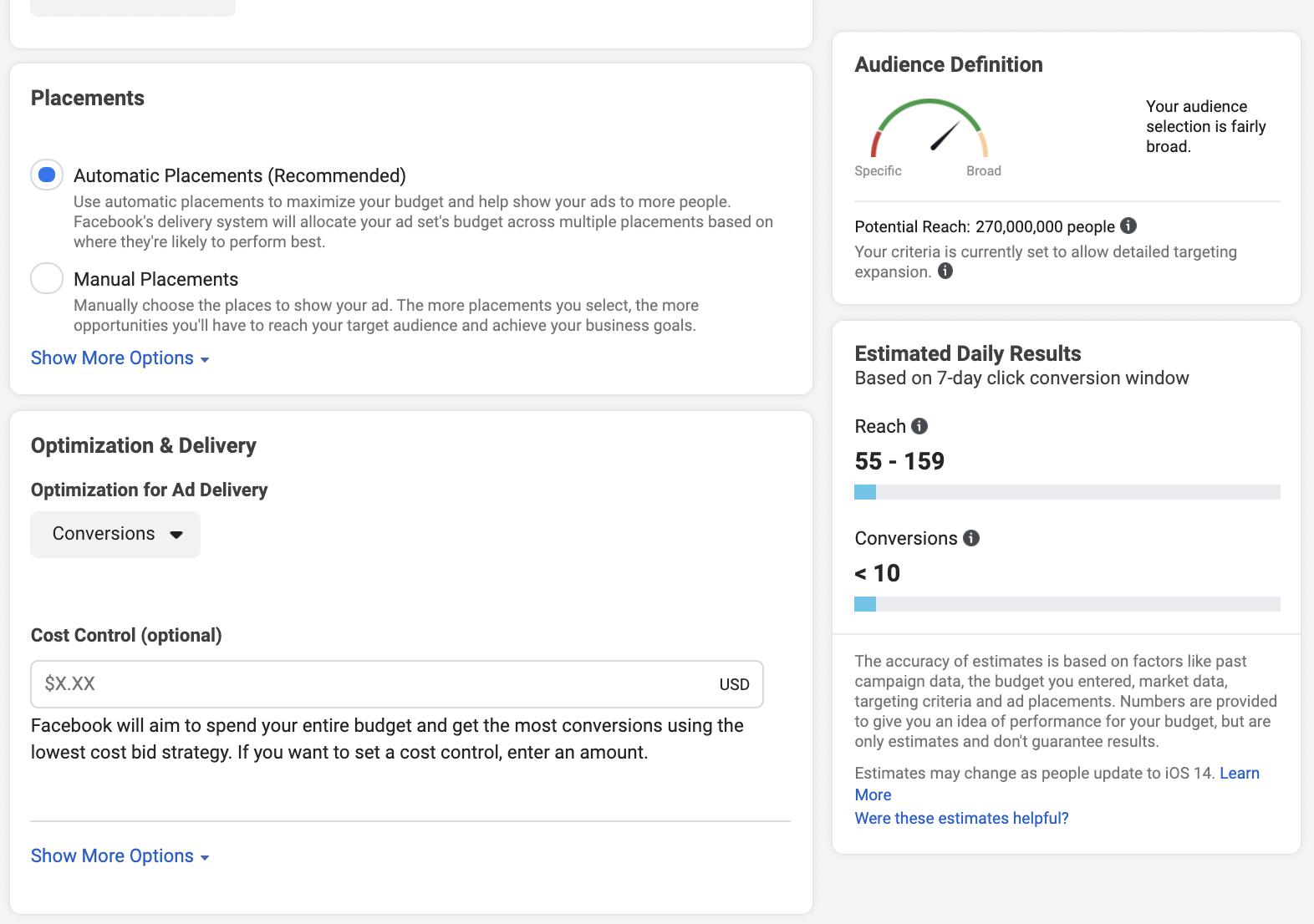 Look how low the reach is when you optimize for conversions