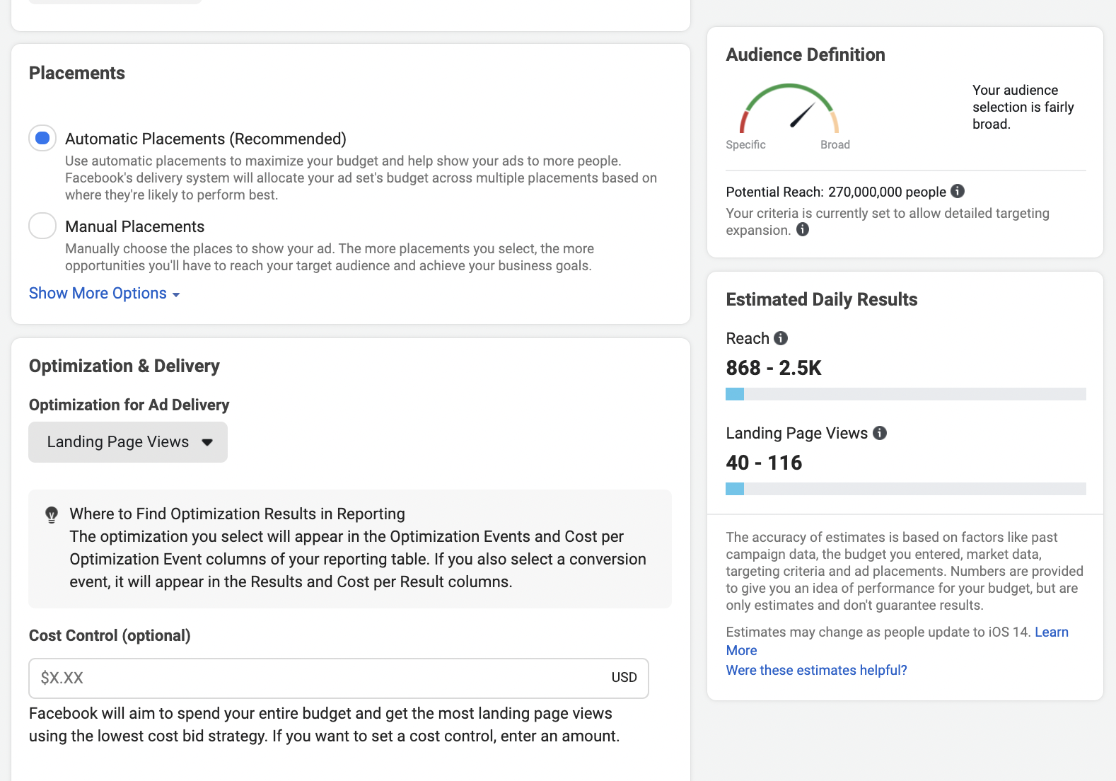 When you change the optimization to landing page views, the reach gets higher