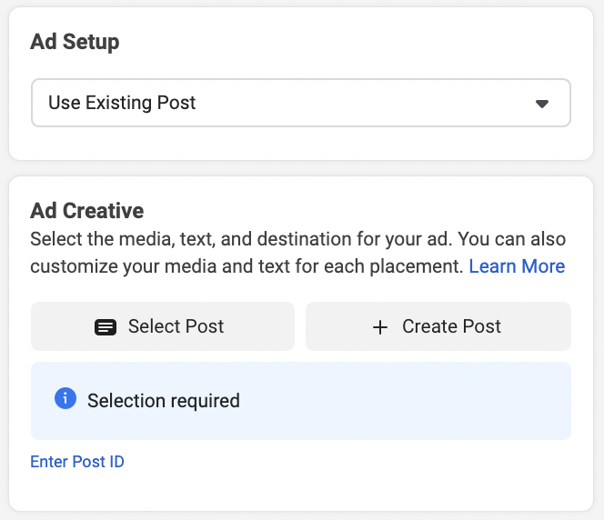 Use an existing post as your Facebook ad