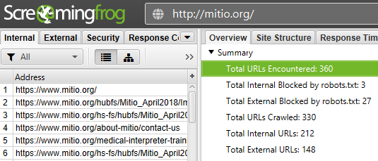 ScreamingFrog URL crawl results (and robots.txt blocked files) 