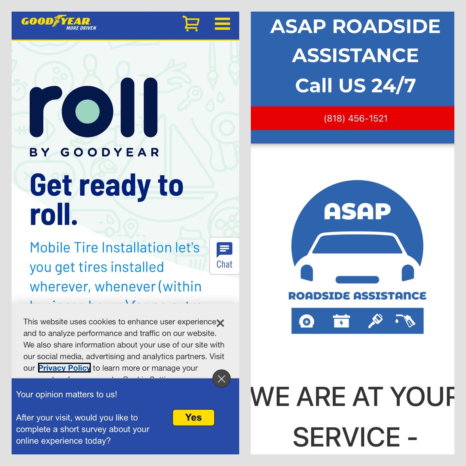 Goodyear’s mobile landing page vs ASAP Roadside Assistance’s landing page