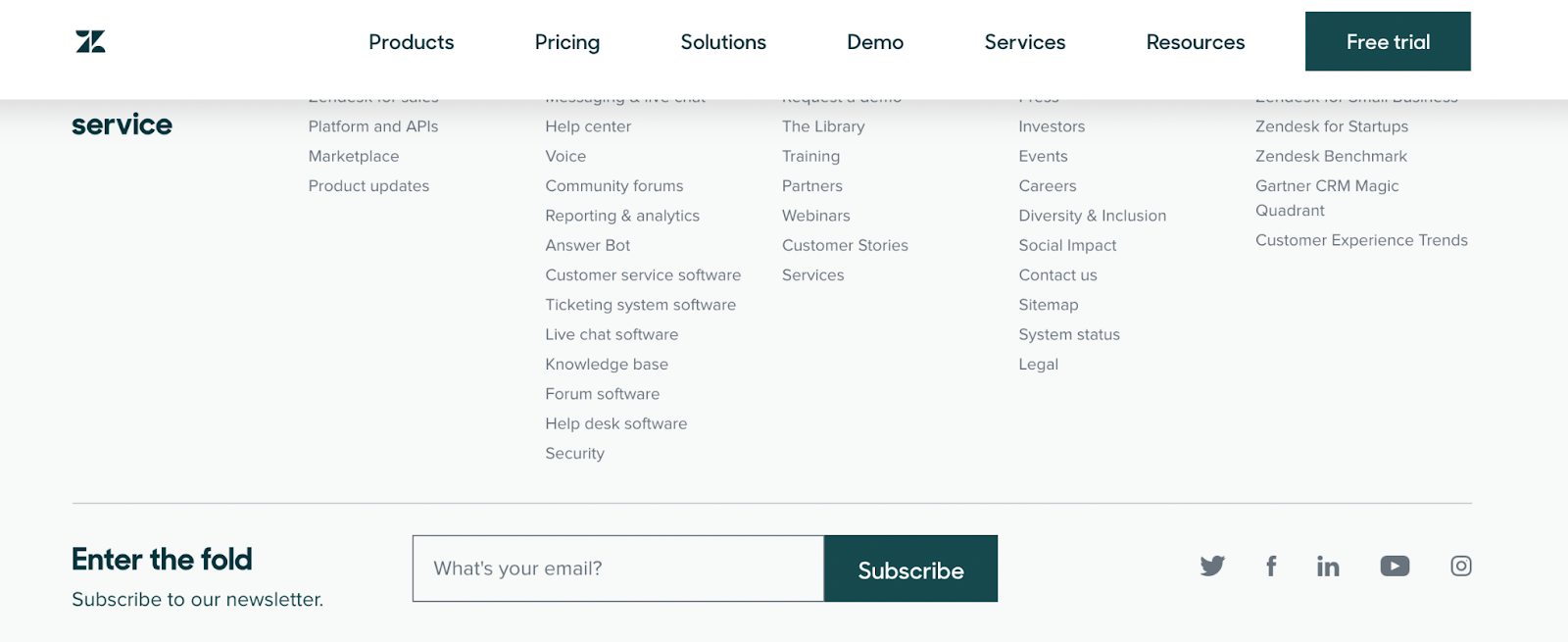 Zendesk’s footer with an email signup