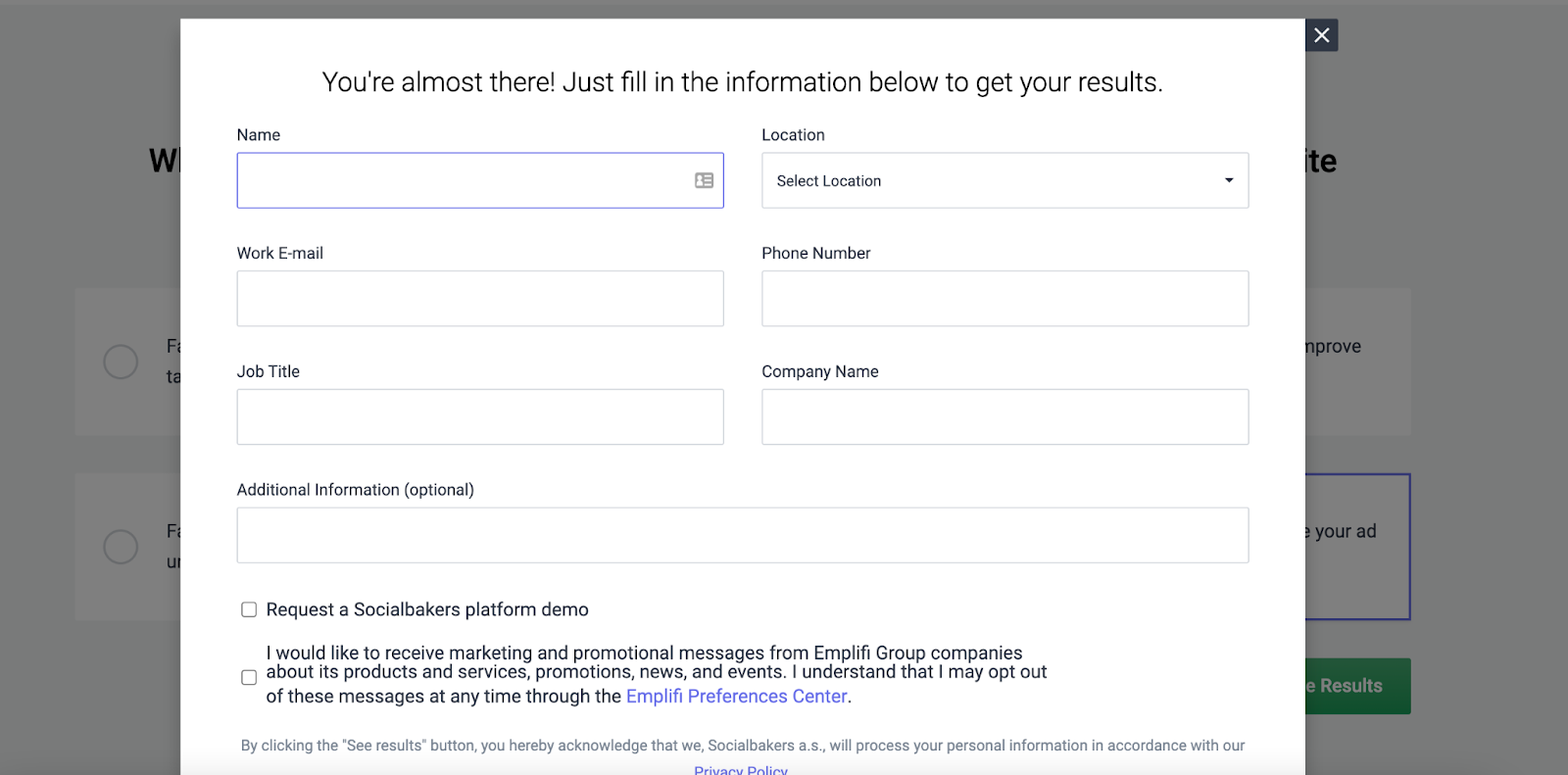 SocialBakers offers a social media quiz to urge email sign ups