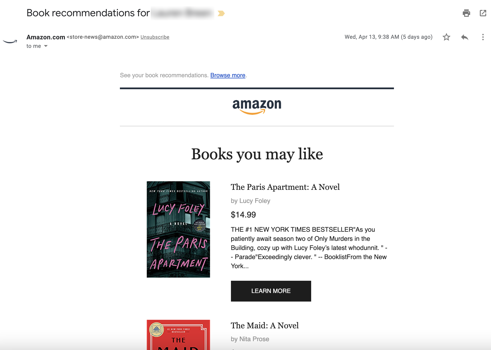 Amazon retargeting upsell email example