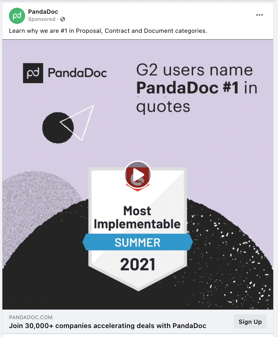 Exemple de publicité Facebook PandaDoc B2B et axée sur les services