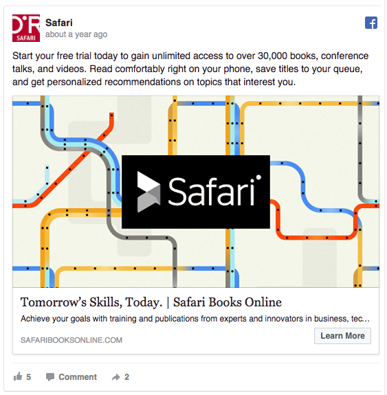 Safari Books Facebook consideration and lead generation ad example