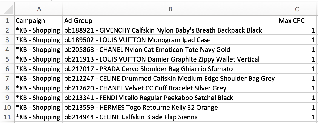 single product ad groups shell spreadsheet for ad group level campaign structure