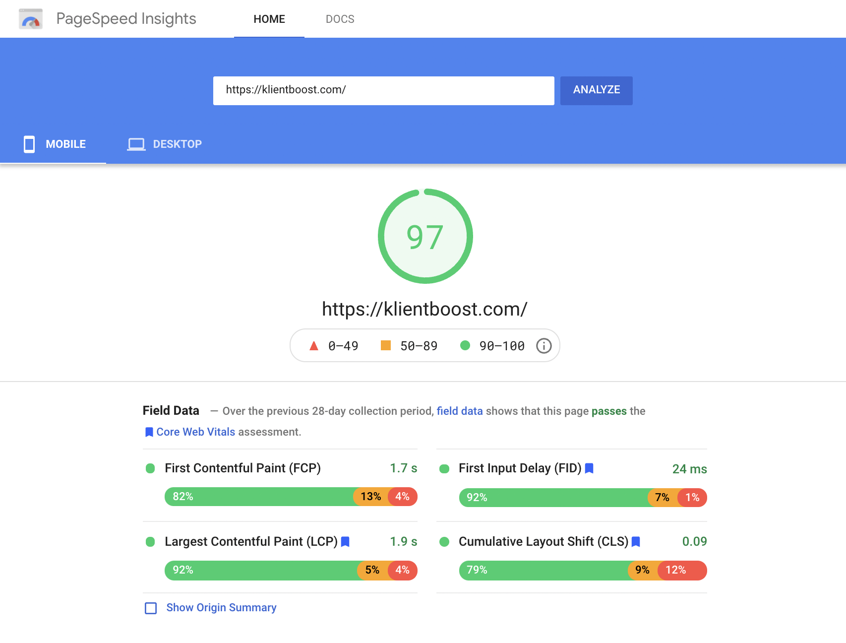 quality score klientboost pagespeed insights