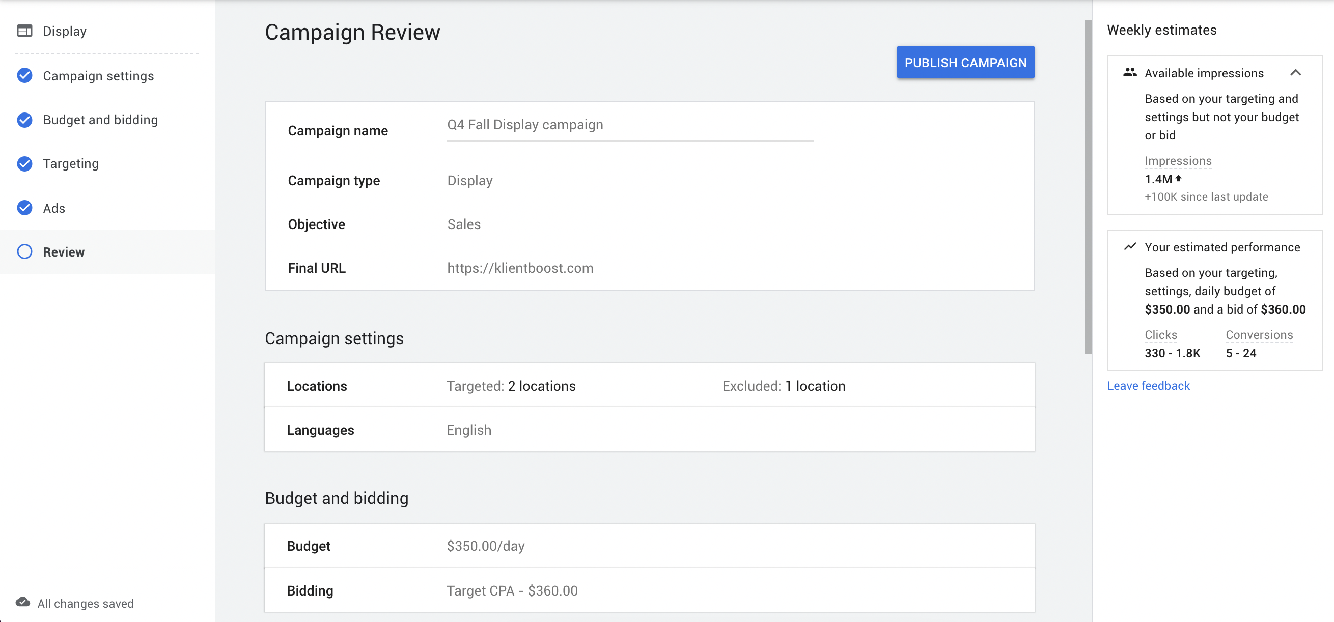 Review and publish your display campaign