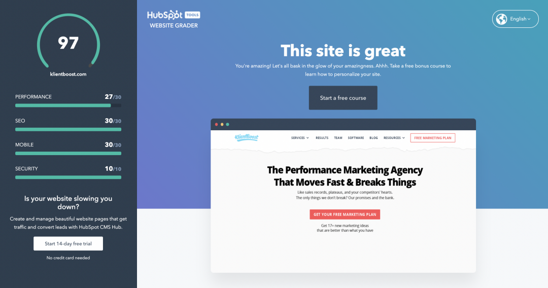 HubSpot Web Grader Tool results