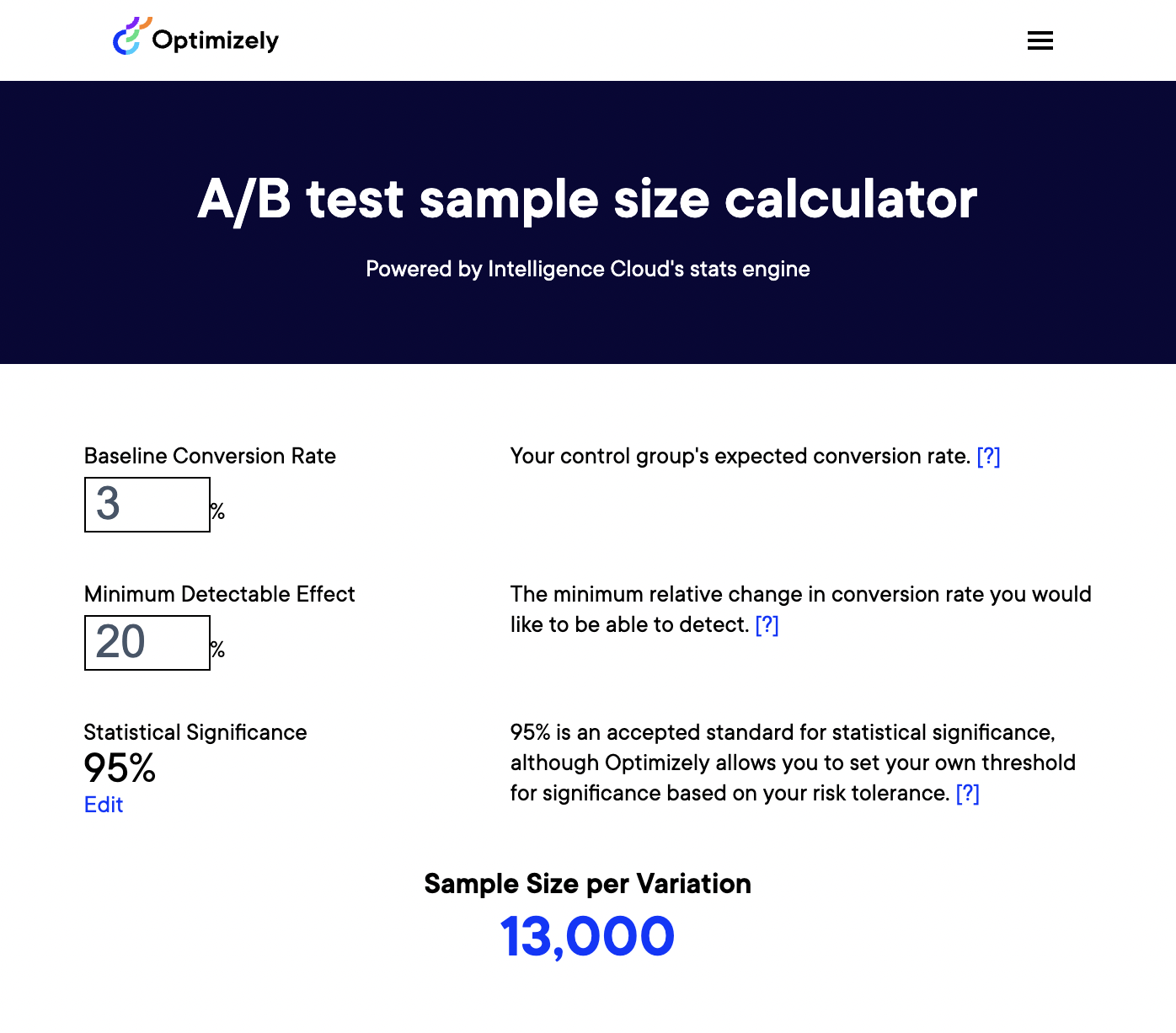 Calculate sample size using Optimizely’s calculator