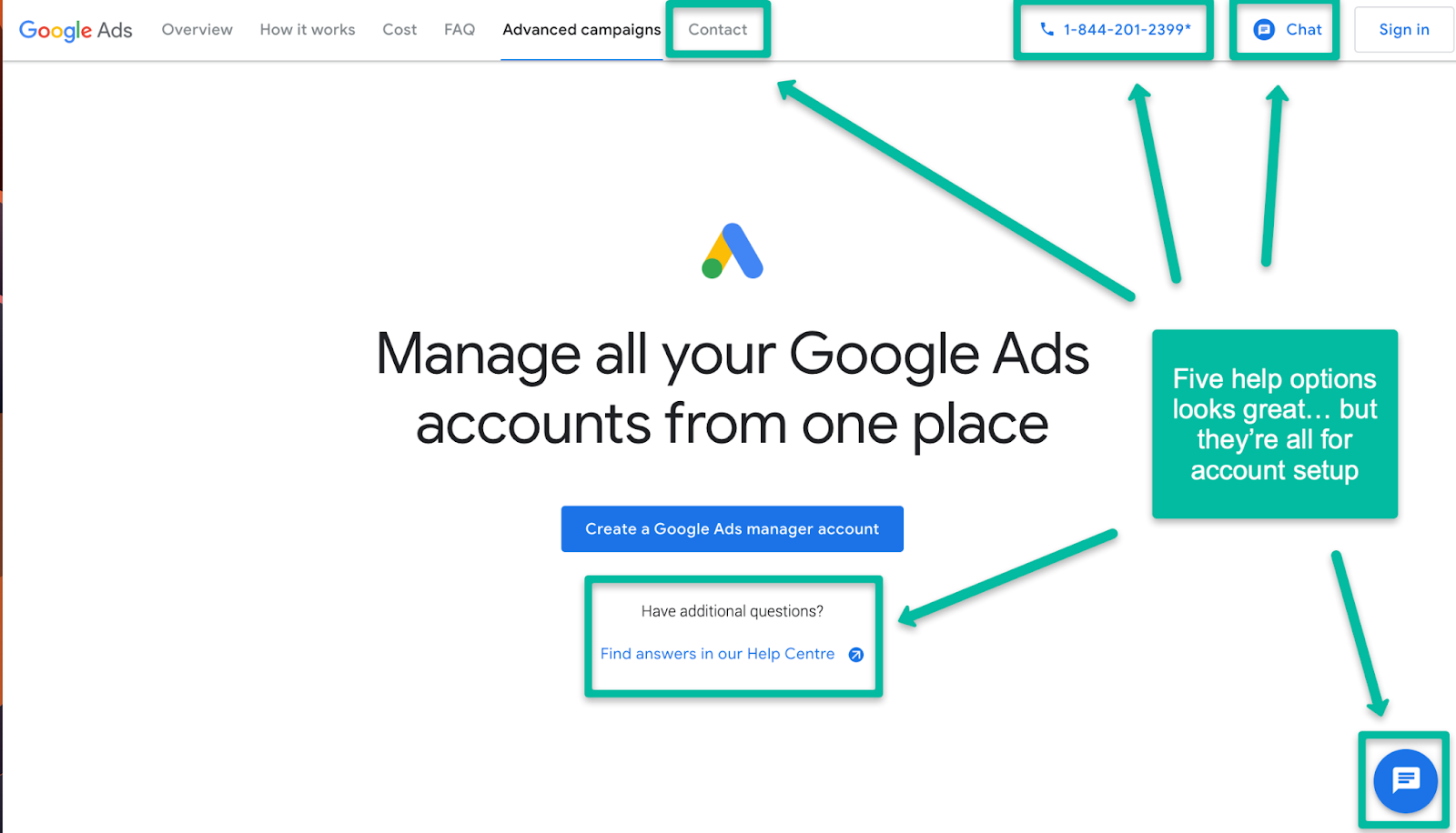 Google Ads Manager help looks like it’s overloaded with support options. But every one of these relates to creating your new account and setting up your first campaign