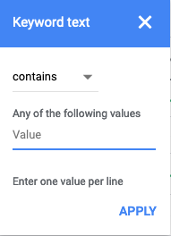 Google Ads keyword text filter