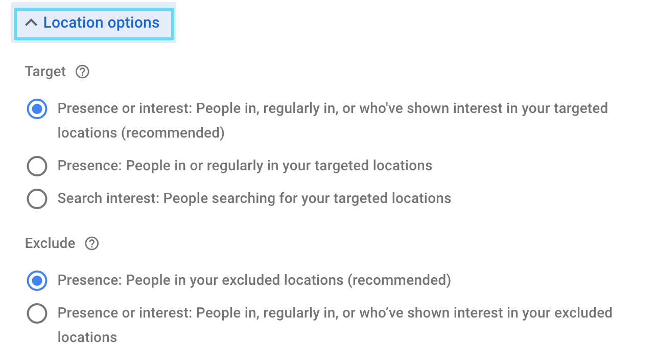 Google geotargeting Location options