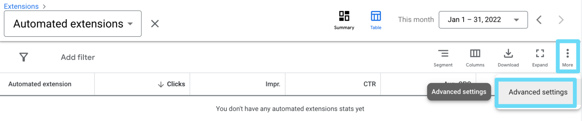 Automated extensions advanced settings