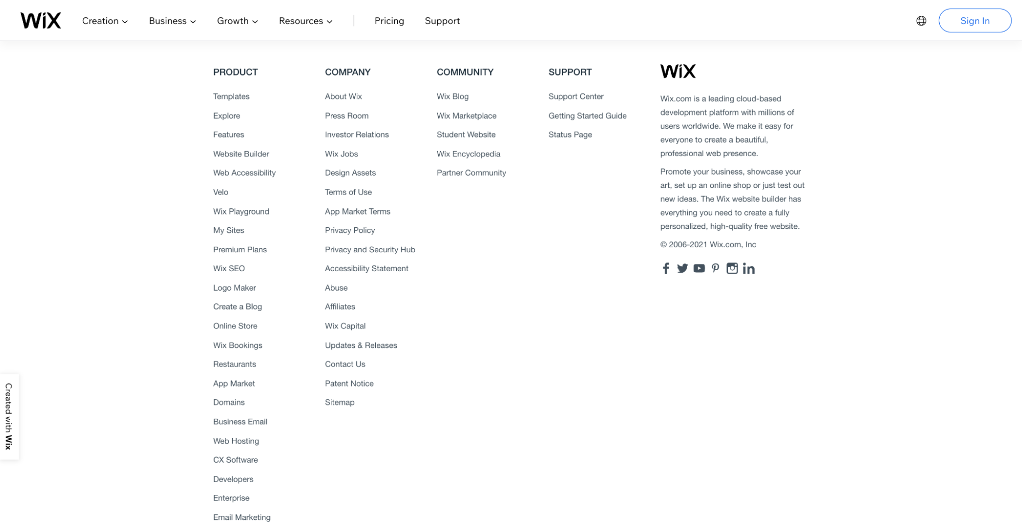 Wix homepage footer
