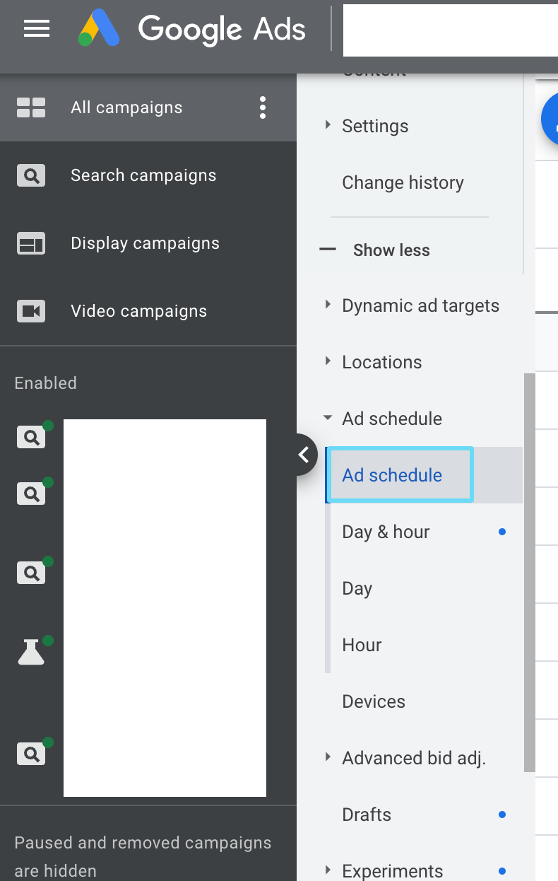 Google Ads ad schedule tab