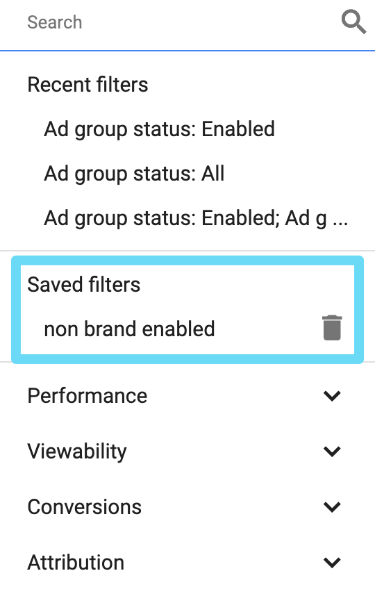 Google Ads saved filters