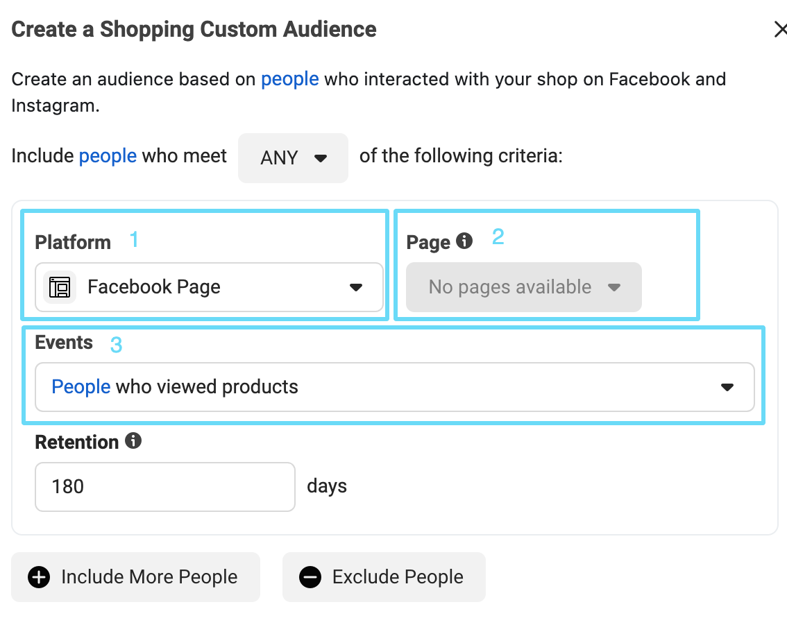 Facebook Ads Manager shopping audience setup