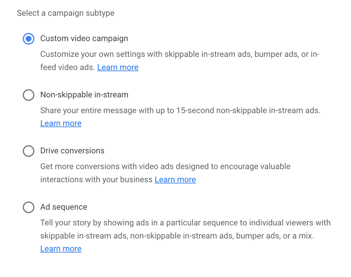 YouTube Campaign subtypes
